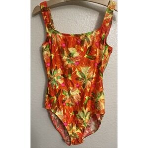 Cole of California Vintage Floral One Piece Swimsuit Orange Tropical Size 14